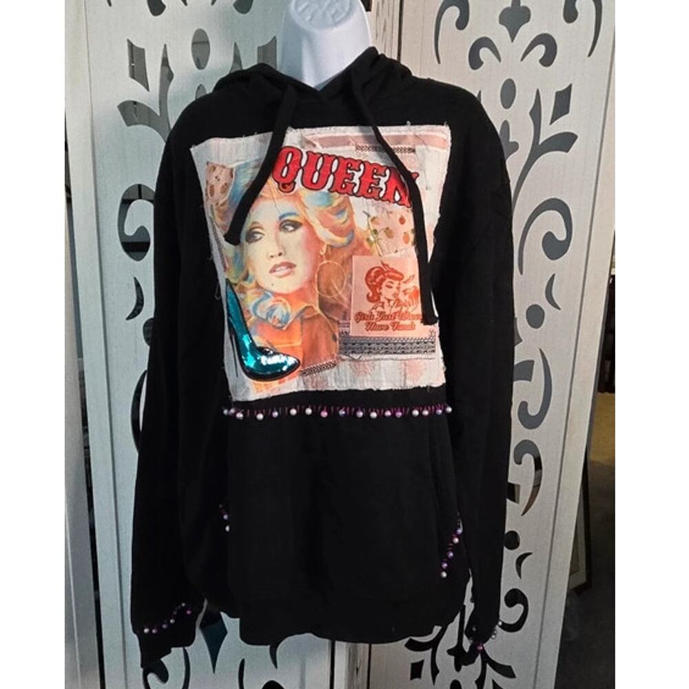 Custom Handmade Dolly Parton Upcycled Hoodie 2X Beaded Queen Country Music